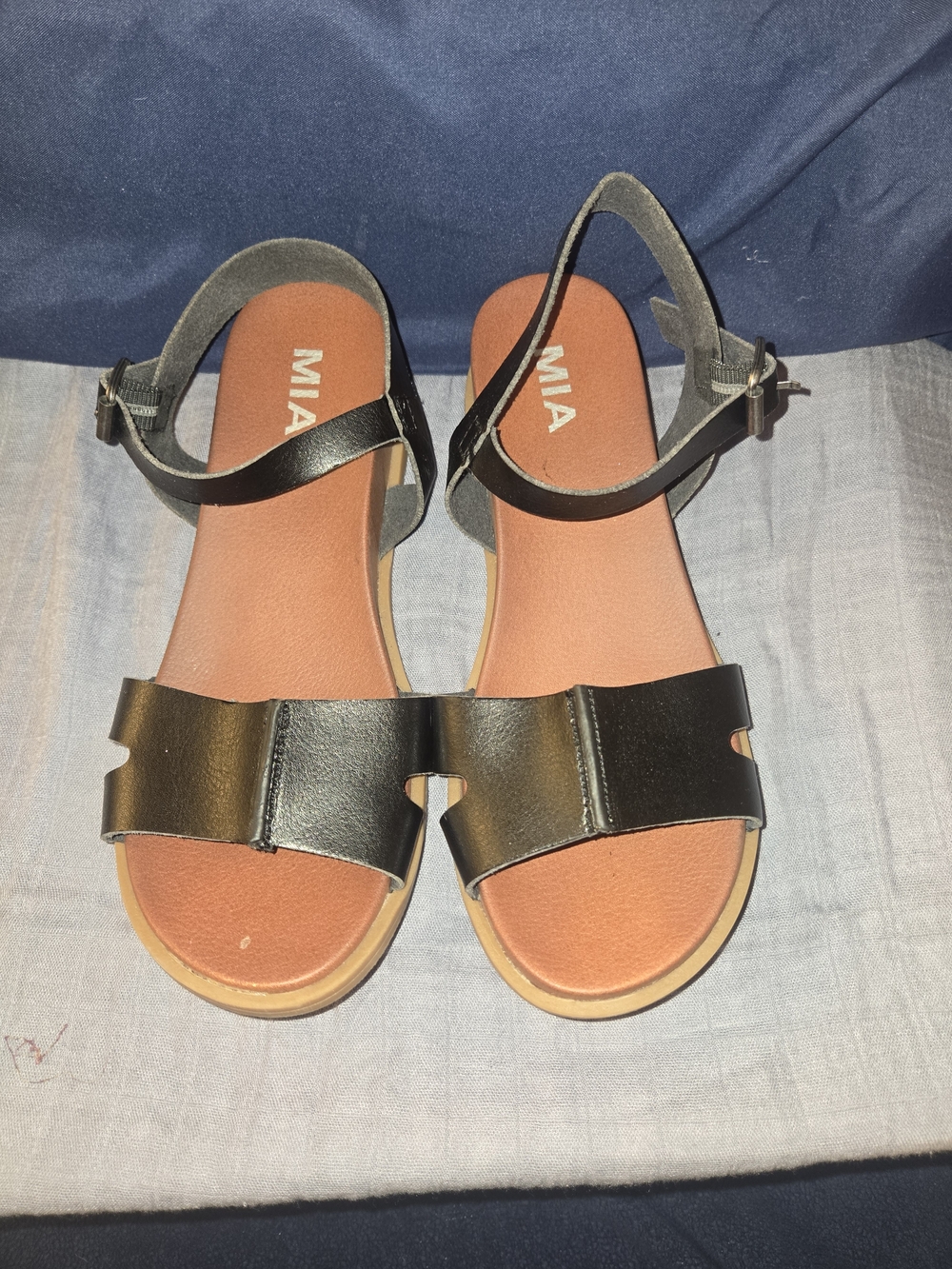 MIA Black Strap Sandals with Tan Footbed
